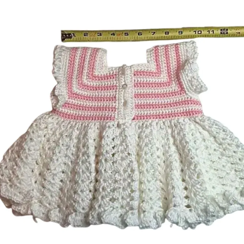 Dress & Matching Bonnet Baby Girl Heirloom Hand Crochet Pink & White